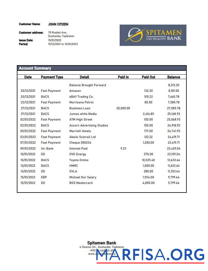 Printable Tajikistan Spitamen bank statement word template